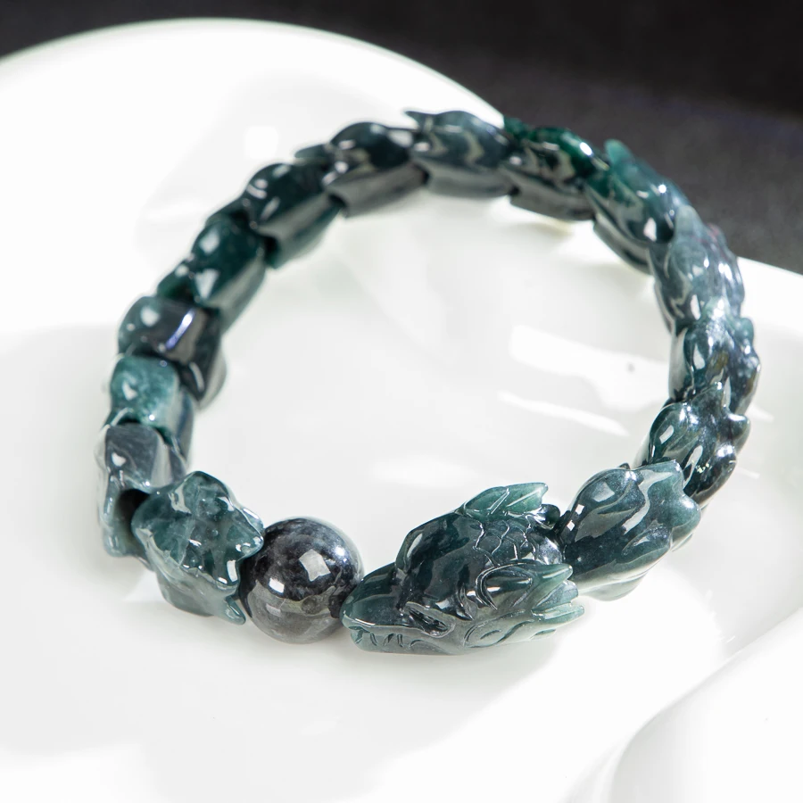 

TIMESWIND Black Natural A-type Jade Zodiac Dragon Bone Three-d Men Bracelet with Certificate