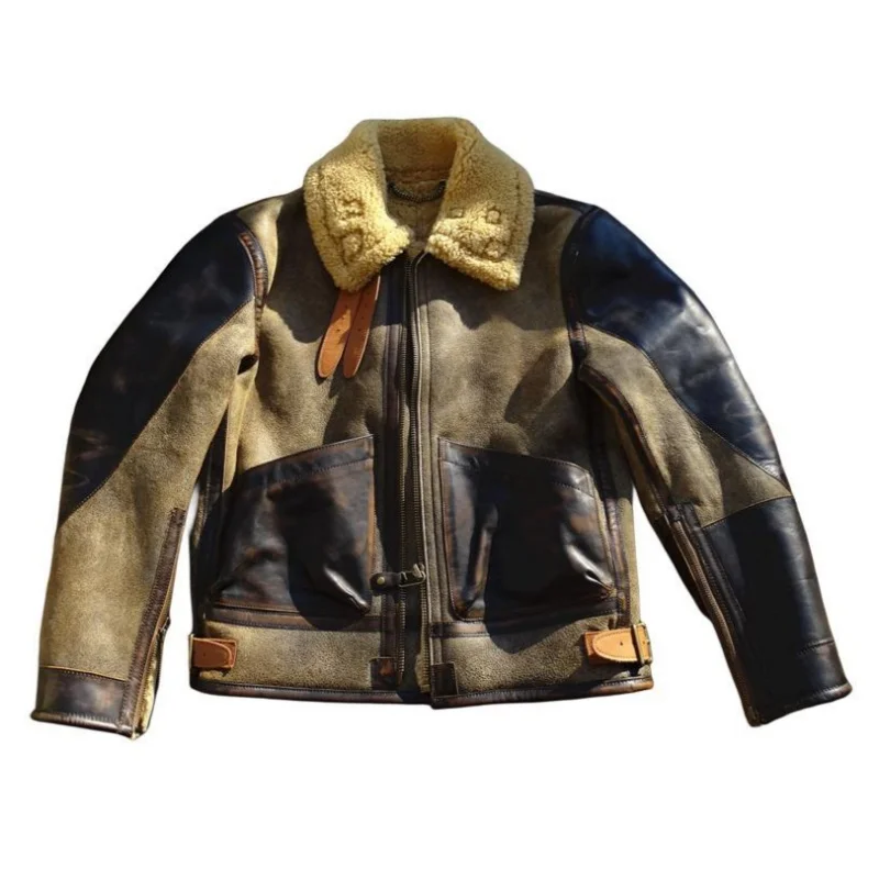 Khaki Green Winter Shearling Jacket Men Vintage Style Plus Size 5XL Genuine Natural Sheepskin Thick Warm Spliced Leather Coat