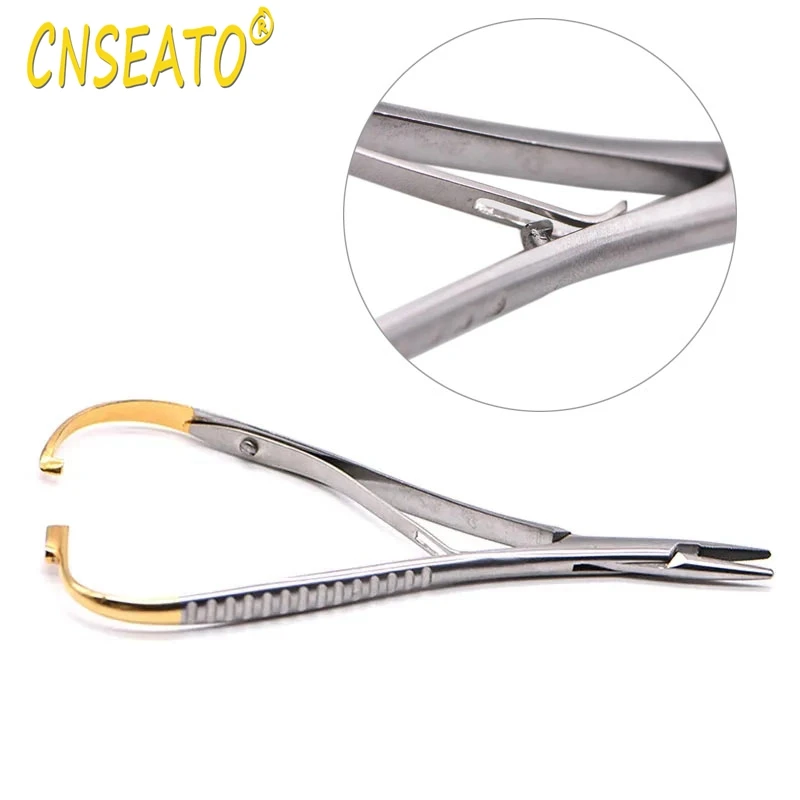 Dental Needle Holder Tweezers 14cm Forceps Plier Stainless Steel Orthodontic Plier with Gold Handle Dental Laboratory Equipment