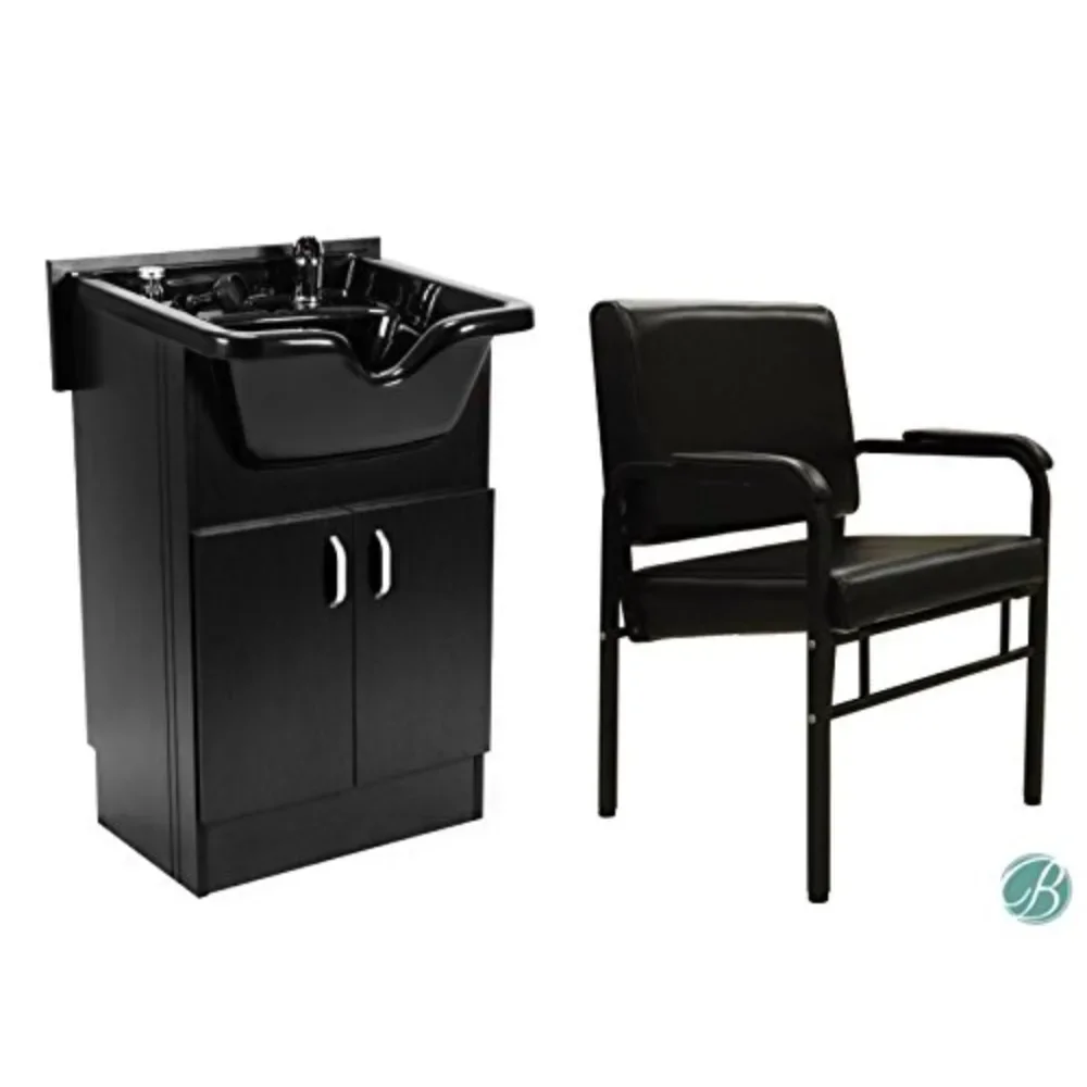 Set of SANDEN Shampoo Cabinet (Shampoo Bowl, Faucet, Drain) and AZLE Reclining Shampoo Chair BLACK for Beauty Salon and Spa