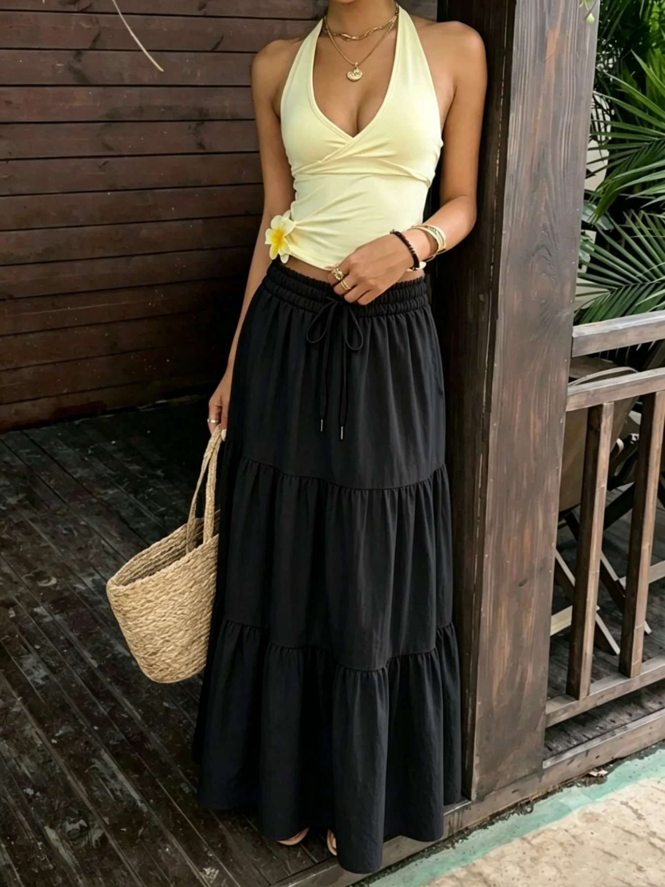 Damen-Maxirock mit Stufen, elastischem Kordelzug, hoher Taille, Rüschen, fließendem A-Linien-Schnitt, langer Rock, lässiger Boho-Strand-Sommerrock für Frauen – Detail 2