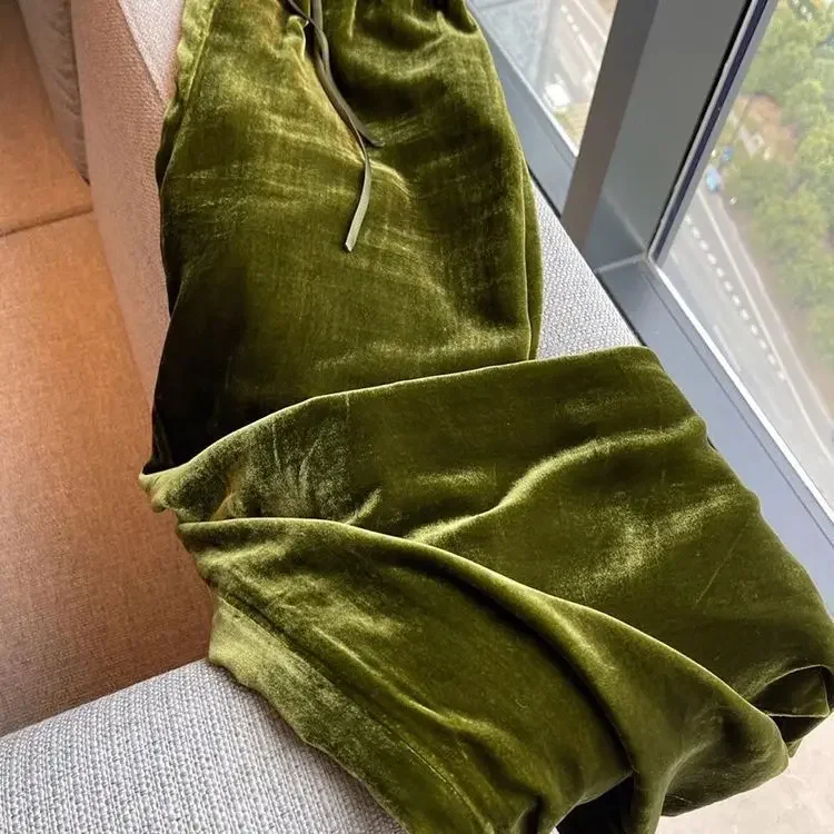 Pantalones anchos de terciopelo verde oliva para mujer, de cintura alta, con caída elegante y corte ajustado, ideales para primavera y otoño, pantalones casuales de pana.