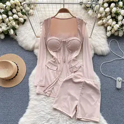 Pure Simple Slim Fit Top And Short Pants Set Women's Autumn Spring Zip Square Neck Top + High Waist Bodycon Shorts 2 Piece Suit