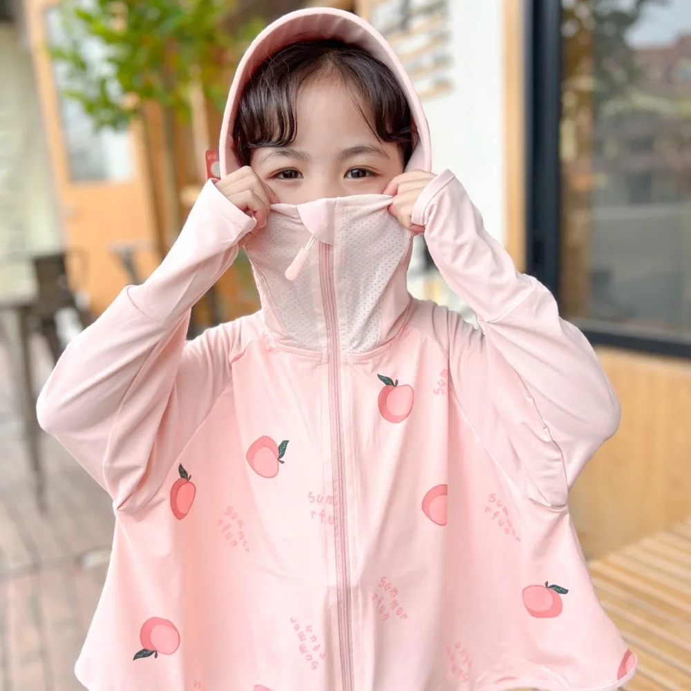 قبعة للأطفال بغطاء للرأس واقي من الشمس مع حجاب قناع رفيع وأكمام طويلة للأطفال ملابس للحماية من الشمس وحماية من الأشعة فوق البنفسجية من الحرير الجليدي