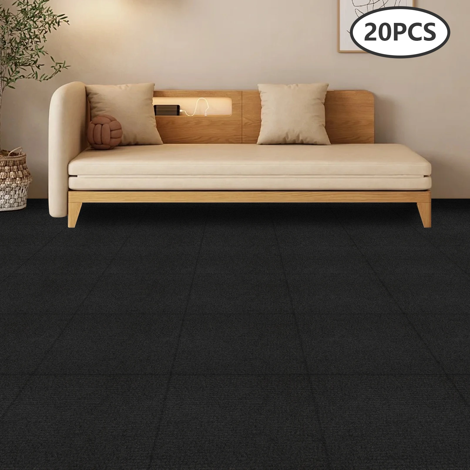

20 Pack Carpet Tile, 50x50CM, Carpet Floor Tiles Anti-Slip Reusable Carpet Squares Peel DIY for Bedroom Living Room, Black