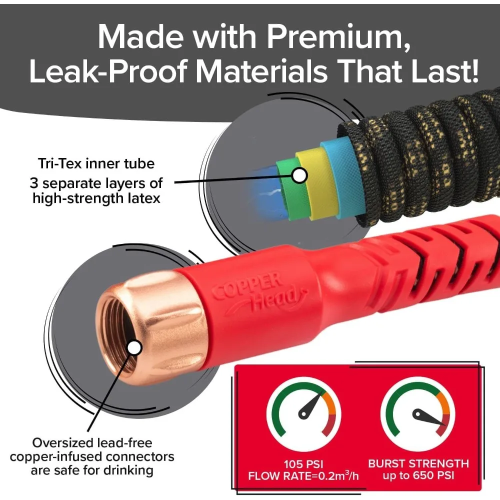 확장형 정원 호스 50피트, 자외선 차단 구리 헤드 및 10가지 패턴 분사기, 고압 650 PSI, 3/4인치 직경, P