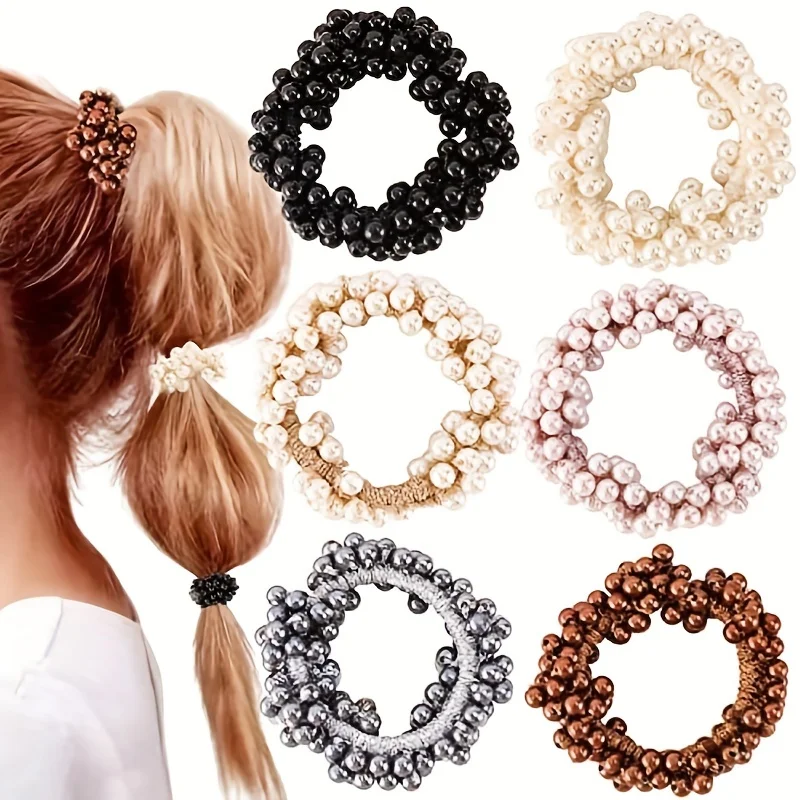 6PCS Pearl scrunchie elastic hair cord for women's and girls' hair accessories