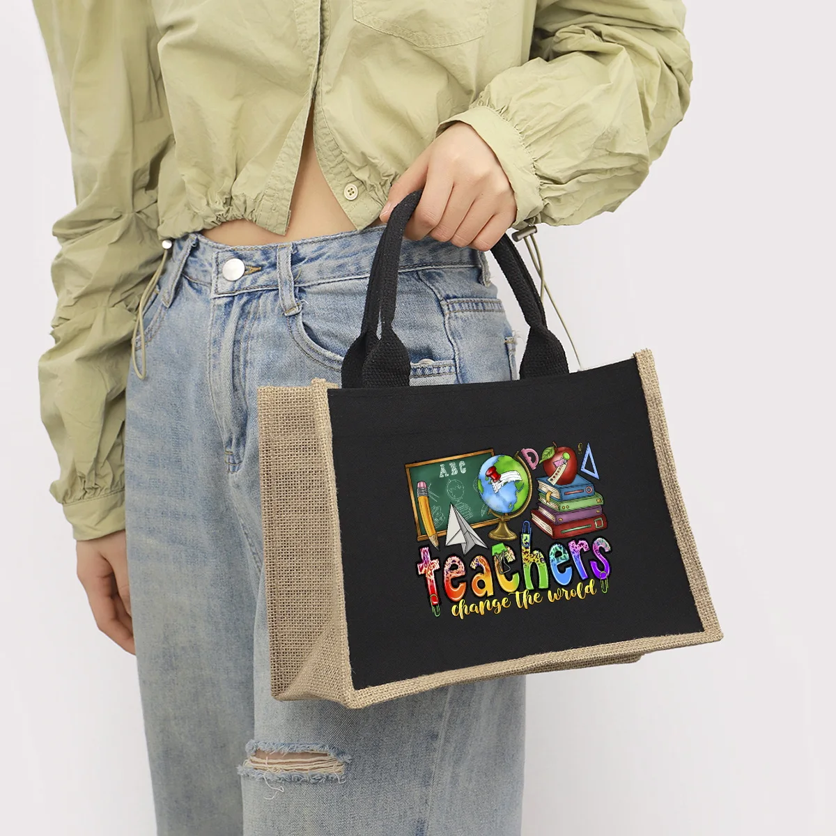 Teacher\'s Day printed pattern black patch linen canvas handbag, waterproof interior large capacity commuting bag storage bag
