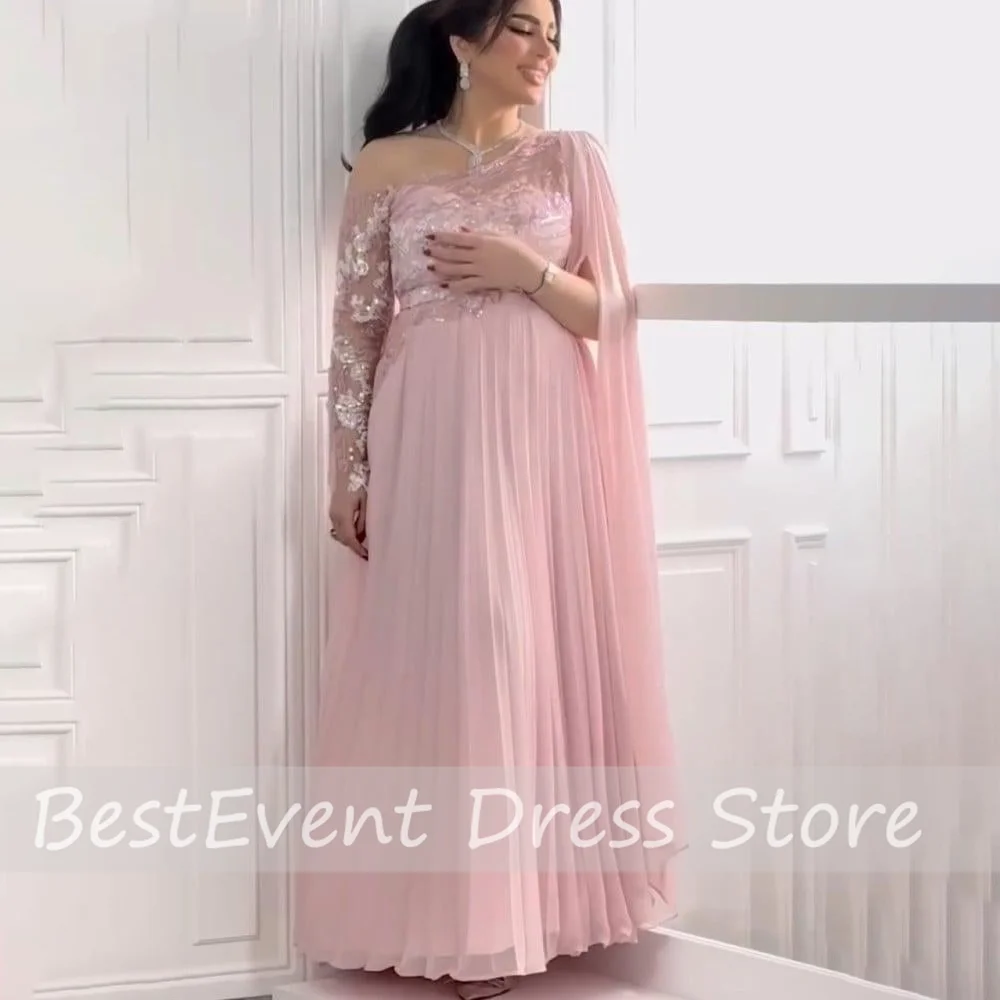 

Custom Made Pink One Shoulder Chiffon Draped Evening Dress A-line Backless Floor Length Slit Prom Party Dress with Sequins Lace