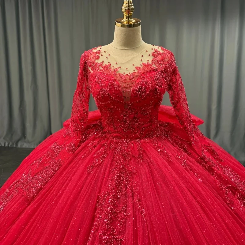 

Red Quinceanera Dress off-shoulder 3D flower glitter Decal Long tail Bow Vestidos De 15 Quinceanera ﻿Customize