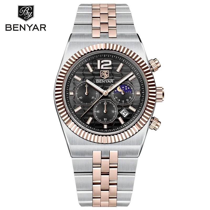 2026 New Benyar 40mm Men's Watch Luxury Brand Quartz Watch Stainless Steel 30m Waterproof Luminous Men's Chronograph