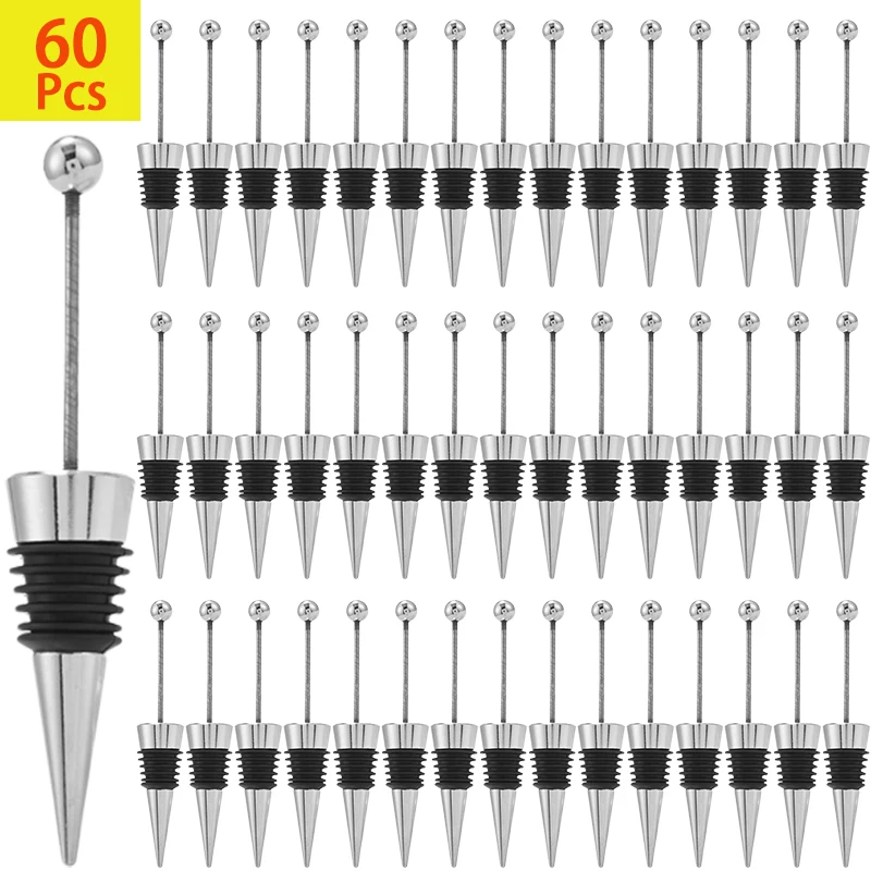 

60Pcs Add A Bead Rhinestone Lampwork Decorative Beaded Wine Bottle Stopper Zinc Alloy Silver Beadable Bottle Stoppers