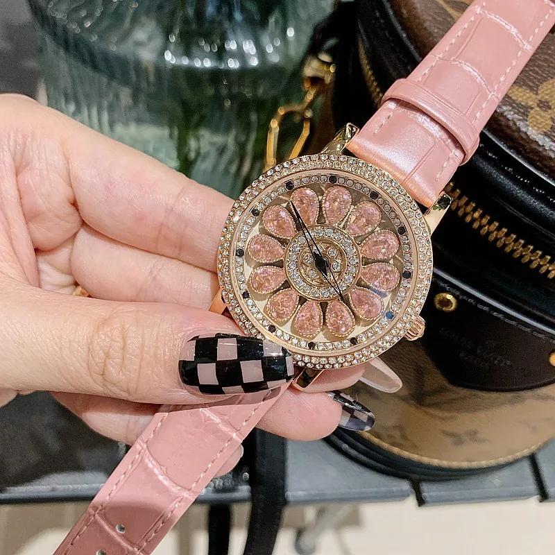 Luxury Rhinestone Genuine Leather Ladies Watch Fashion  Creative Rotating Big Dial Waterproof Party Gift Watch Relogio Feminino