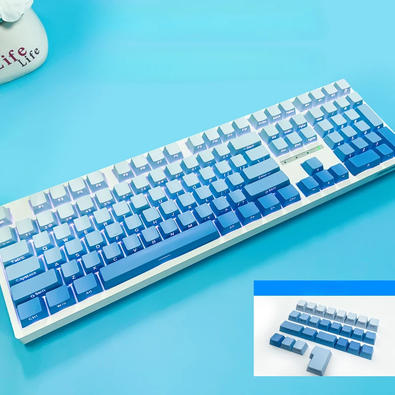 

OEM колпачки для клавиш, механическая клавиатура, полупрозрачный градиент, 134 клавиши, туманный синий, с боковой гравировкой, колпачки для игровой клавиатуры из ПБТ