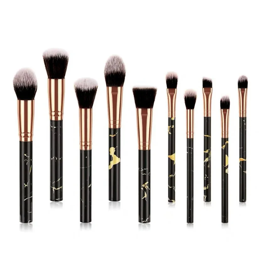 10Pcs Marble Makeup Brushes Face Eye Base Blush Brow Synthetic Brush With Sponge Flocking Puff Cosmetic Tools Daily Make Up Kit