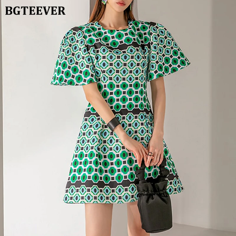 

BGTEEVER Chic O-neck Ladies Dots Printed Mini Dress Elegant Short Sleeve Slim Waist Women A-line Dress Vintage Summer Vestidos