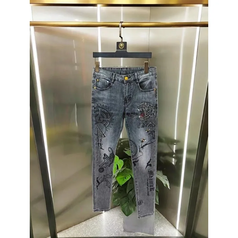 Men's Clothing Spring and Autumn high quality light gray Fashion Brand Tiger Head Hot Drilling Printed Slim Fit Handsome Jeans