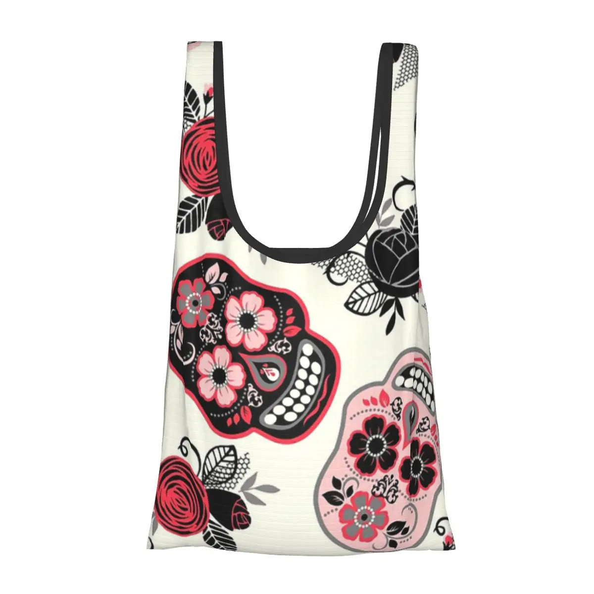 

Day Of The Dead Skulls And Roses Portable Tote Shopping Bags Foldable Shopper Bag Groceries Handbag Shoulder Bag