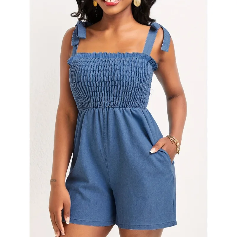 2024 Summer New Fashion Women's Solid Pleated Pocket Design Denim Short Jumpsuit Female Casual Sleeveless Loose Suspender Romper