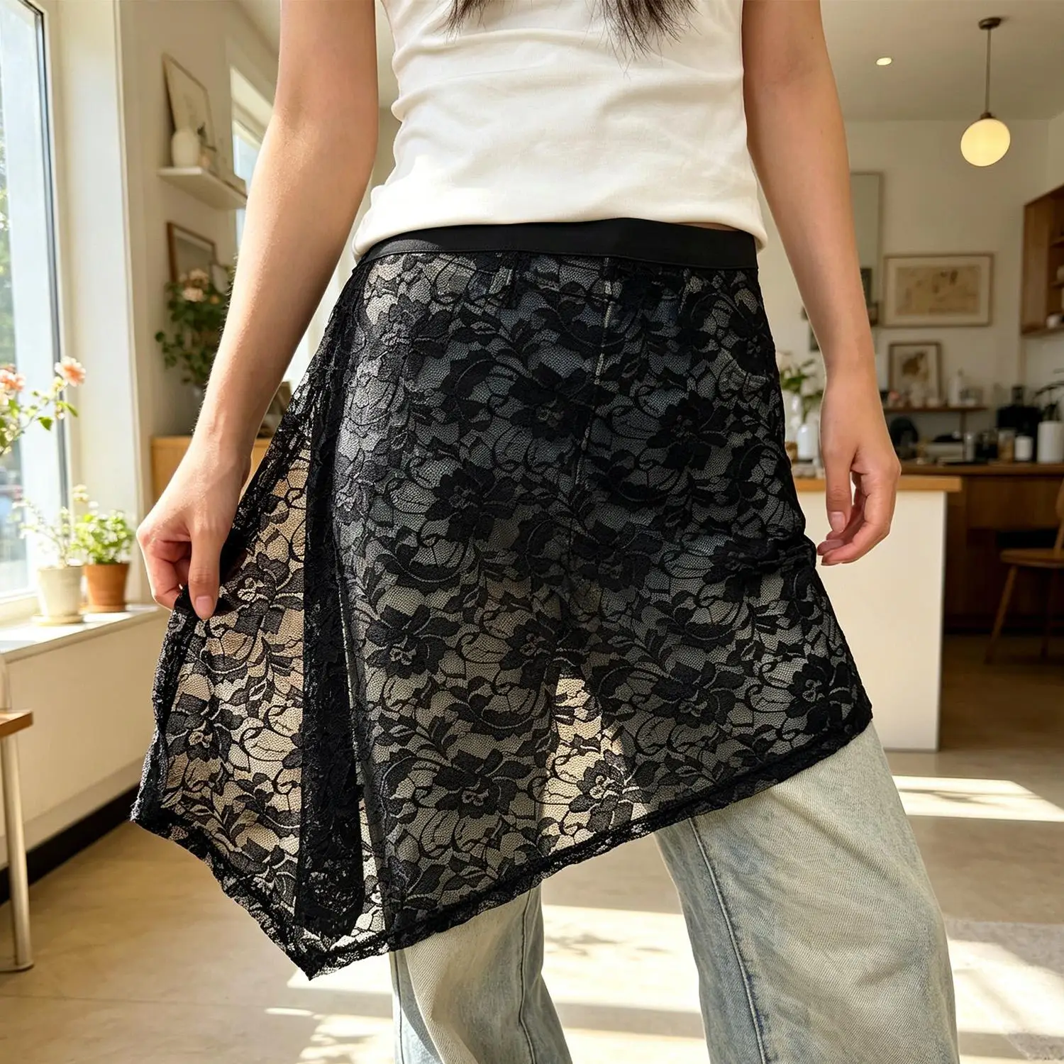 French Flower Lace Button Curtain Skirt Hip Cover Casual Outer Apron Skirt Shirt Extender Women Adjustable White Stacked Skirt