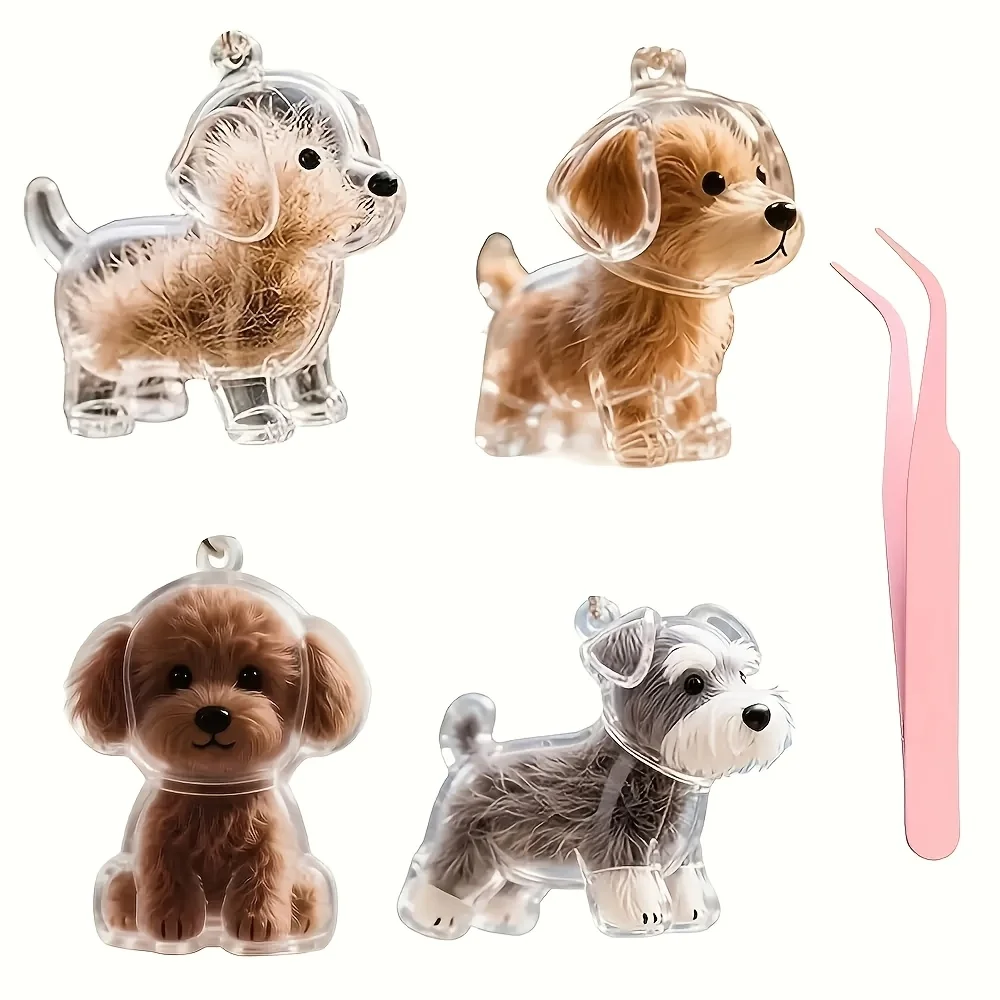 Lot de 2 porte-clés en forme de poils de chien avec 1 pince à épiler, ornements mignons en forme de chien, pendentifs créatifs pour commémorer les animaux de compagnie disparus et conserver leurs poils