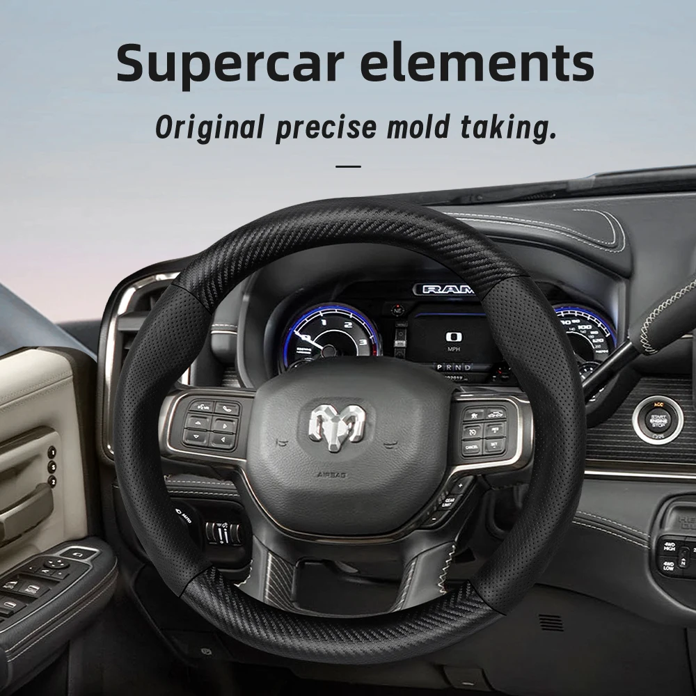 Suitable for Ram Breathable Leather Matte Carbon Fiber Texture Steering Wheel Cover for Pickup Promaster Rampage 1500 2500 3500 4000 4500 5500 700 1000 and Other Models, Black Red Mocha Car Accessories Protective Cover