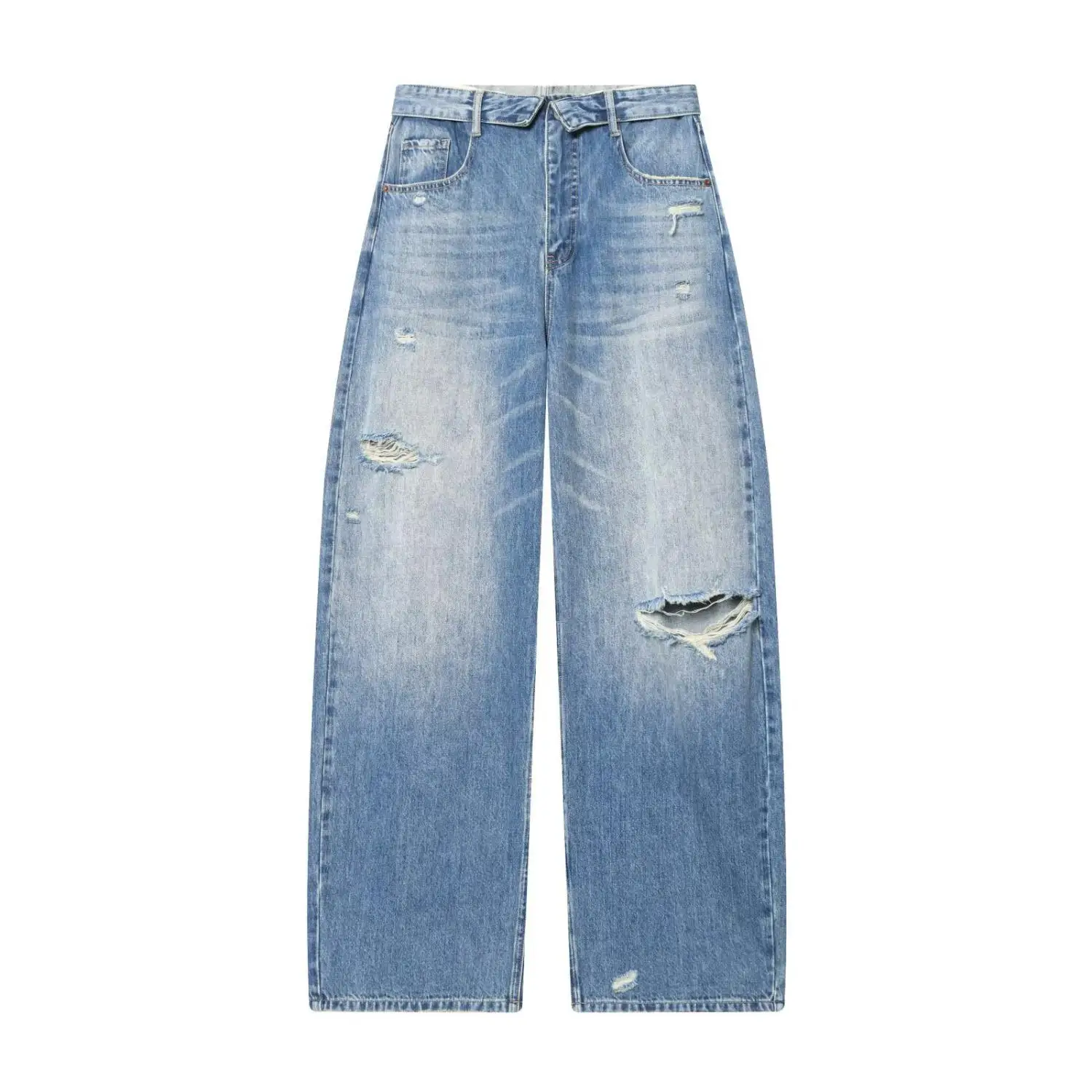 Cross-Border Mid-Waist Cuffed Denim Jeans Women's Bohemian Style Vintage Straight Leg Pants Natural Waist Velvet Fabric