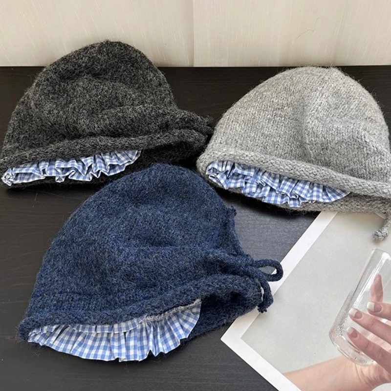 Korean Fashion Plaid Lace Drawstring Knitted Beanies for Women Autumn and Winter Travel Warm Versatile Casual Pullover Hats