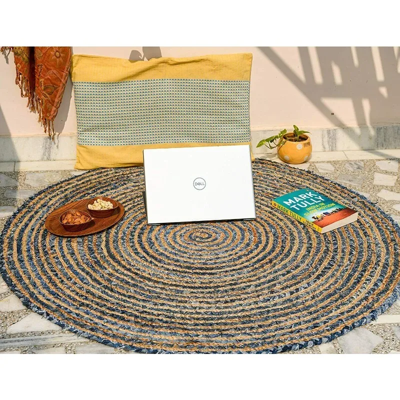 

Rug Denim Jute Round Reversible Braided Carpet Modern Look Home Decor Rug