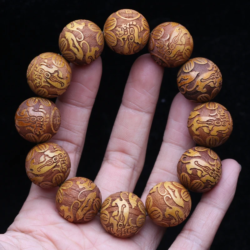 Natural Wood Bracelet Carved God Beast Wealth Bracelet 20mm Men beaded