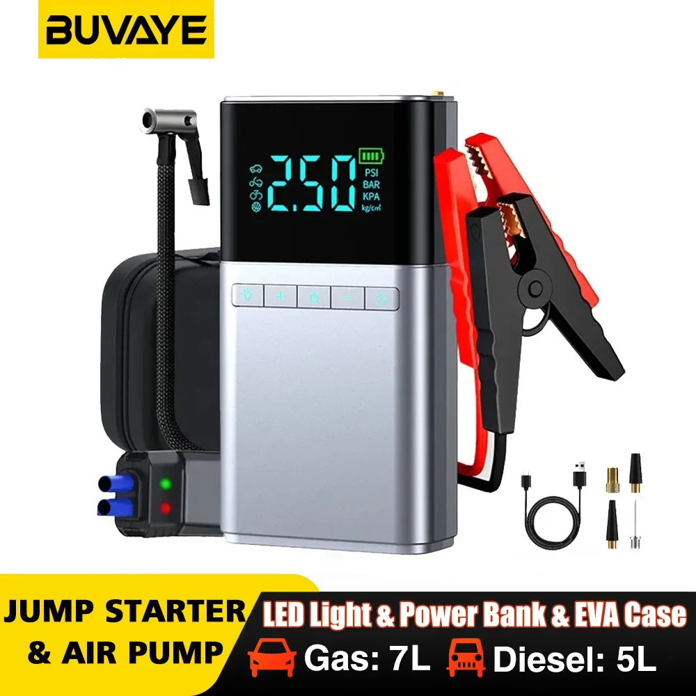 BUVAYE Portable Automotive Tyre Inflator Car Jump Starter Air Pump Multifunction Power Bank Lighting Air Compressor Jump Starter