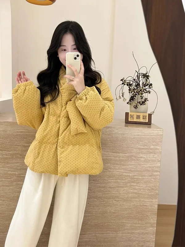 

Thickened Cotton Coat Women's Winter Fashion Design Necktie Polka Dot Warm Outerwear Korean Style Long Sleeve Regular Fit