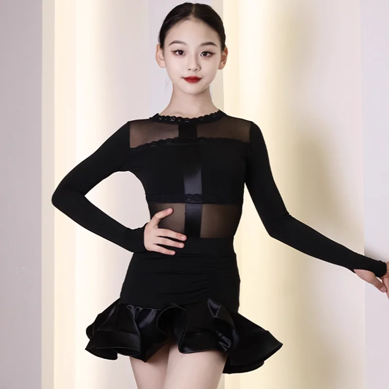 Dziecięcy strój do tańca latynoamerykańskiego, seksowna sukienka dla dziewczynek, zestaw do ćwiczeń tańca towarzyskiego, body i spódnica, kostium do romby i cha-chy.