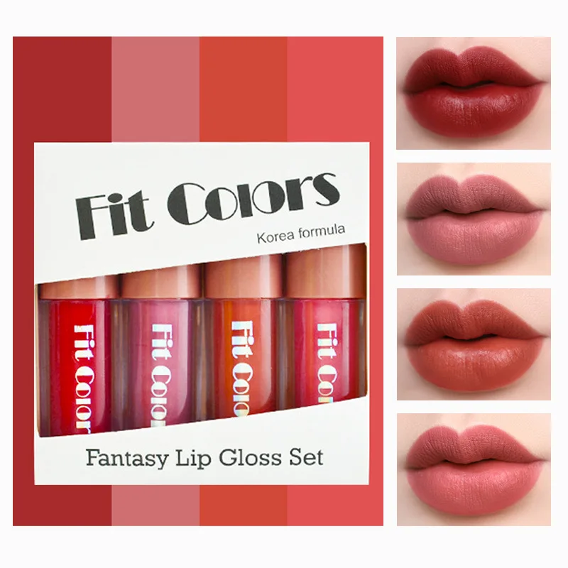 Fit Colors 4-piece Lip Gloss Set Matte Velvet Long Lasting Fruit Non-stick Cup Easy Color Diamond Lip Gloss Set