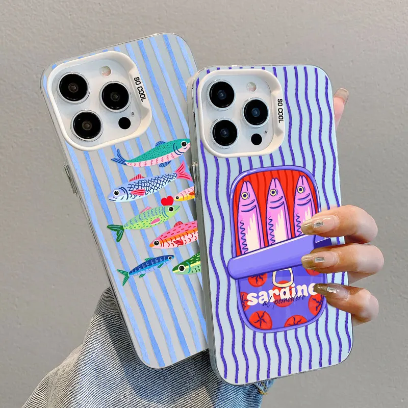 

Summer Ocean Marine Life Striped Laser Phone Case For iPhone 17 16 Pro Max 15 14 Pro Max Plus 13 Mini 12 11 Pro Max Back Covers