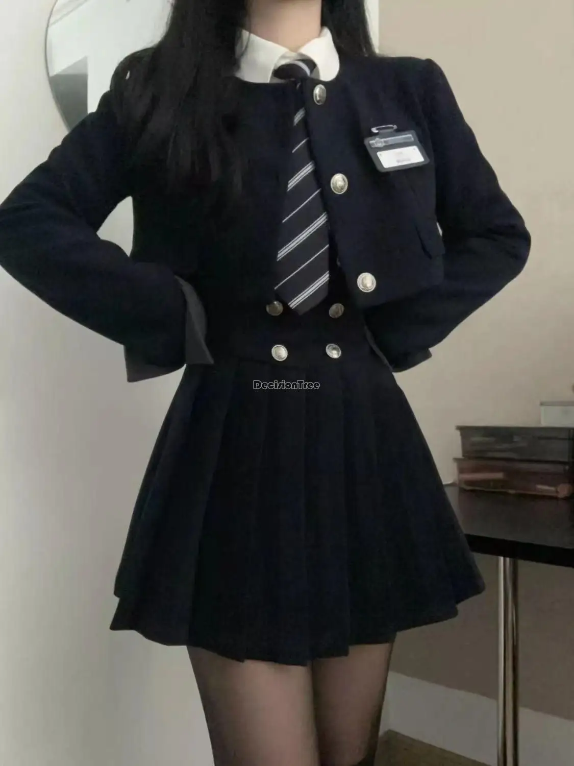 2023 koreanischen Stil Frauen schlanke High School Uniform Set Langarm Mantel Falten rock Mode drei Stück Frauen Anzug Set s786