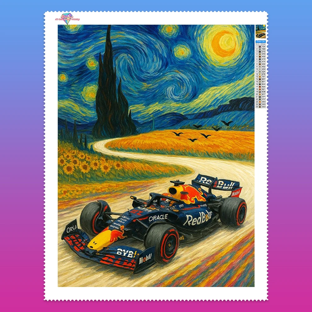 

Van Gogh style Formula One Car 5D Diamond Painting F1 Car Mosaic Mural Under The Starry Sky DIY Diamond Embroidery Home Decor