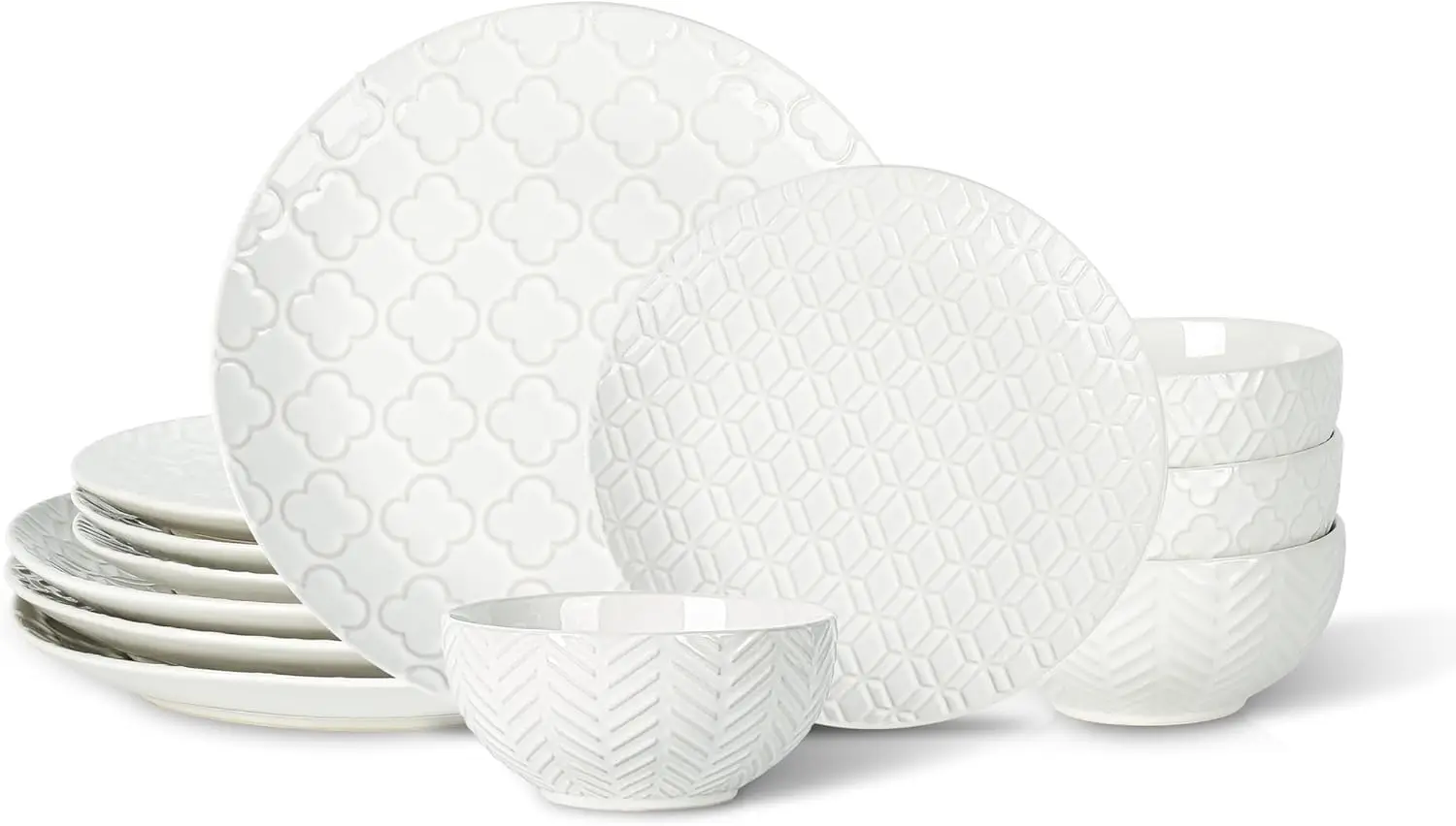 

12-Piece Ceramic Dinnerware Set for 4 - Embossed Plates and Bowls Sets, Scratch Resistant Dish Set, Microwave, Oven & Dishwasher