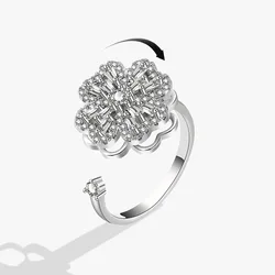 KOFSAC Anti Stress Anxiety Rings For Women Rotating Four-Leaf Clover Rings Luxury Zircon Fidget Ring Trendy 925 Silver Jewelry