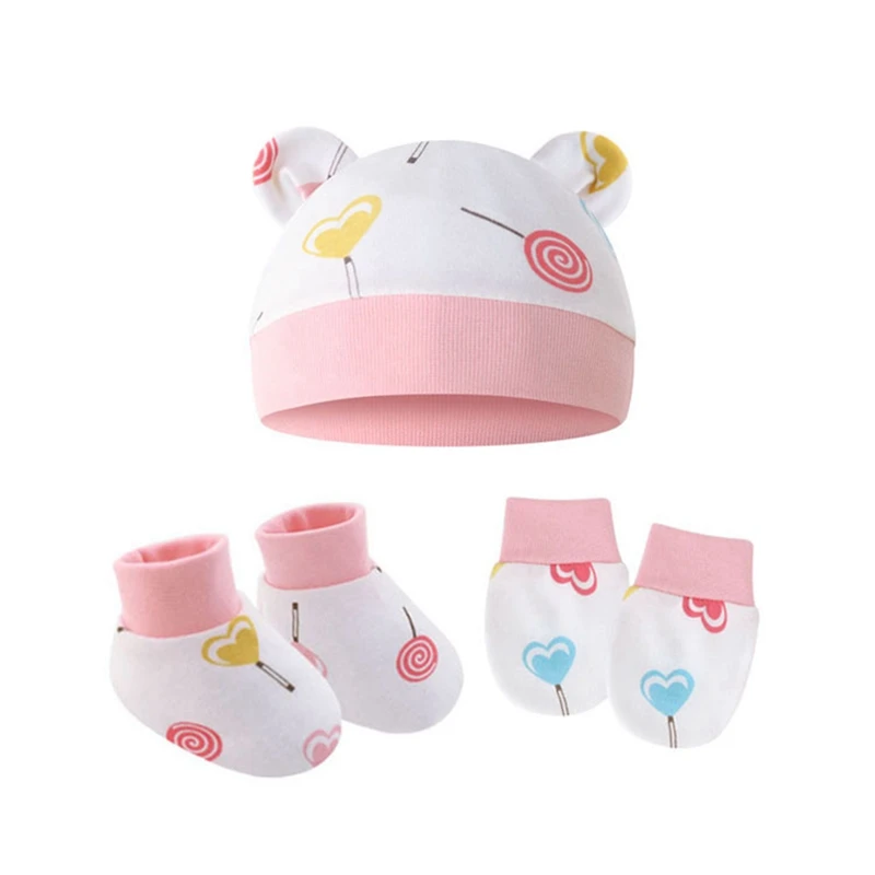 Newborn Baby Hat Gloves Sock Sets For Boys Girls Cotton Cartoon Head-wear Infant Nightcap 3 Pieces Set 0-6M