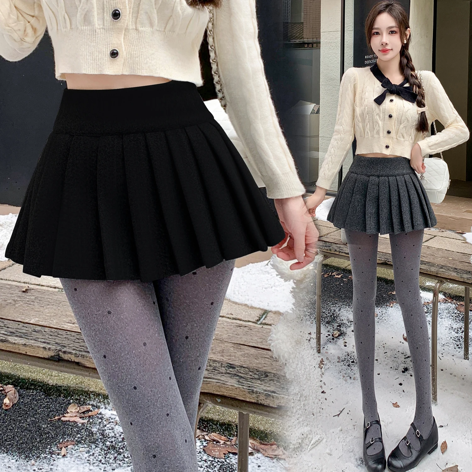 Woolen Micro Mini Pleated Skirts Woman Autumn Winter Thicken Sexy Split All-Match Solid High Waist A Line Short Skirt Jk Korean