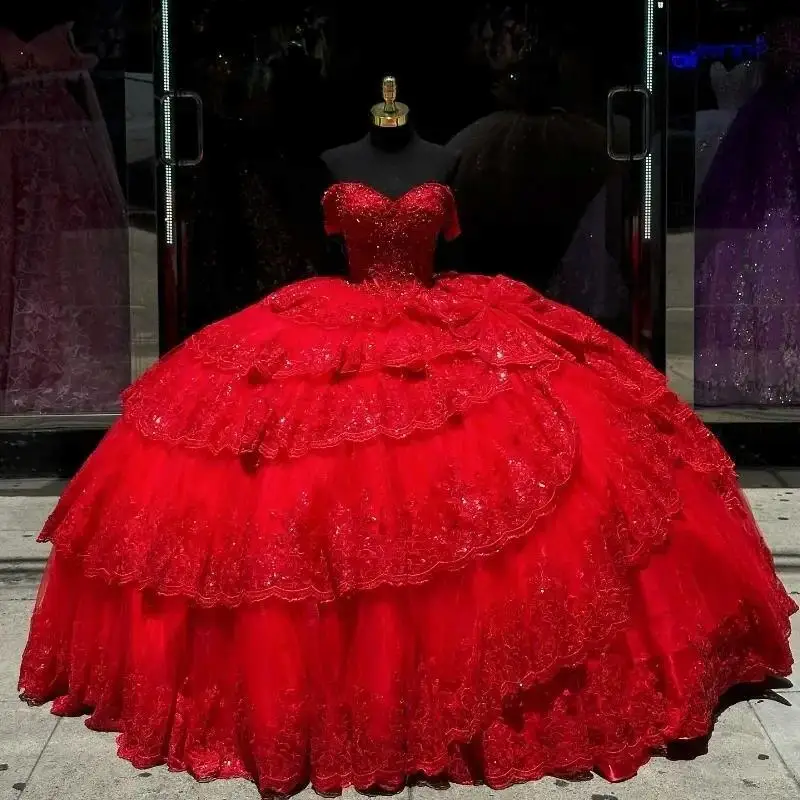 

Customized Luxury Red Vestidos De 15 Quinceañera Sweetheart Off The Shoulder Applique Beads Crystal Appliques Lace Tull Sweet