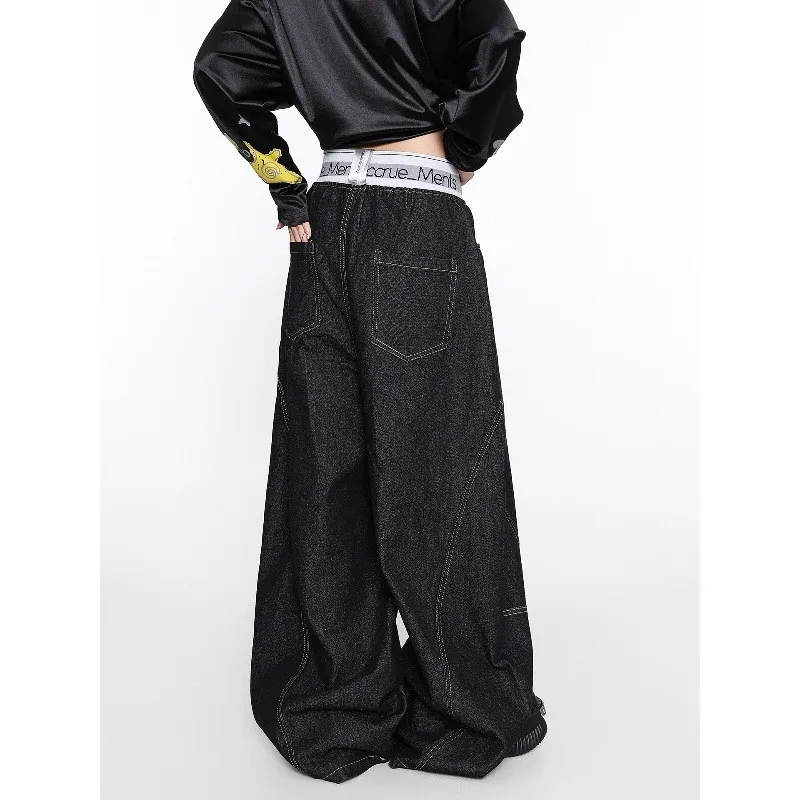 스트리트 스타일 와이드 레그 진 여성용 루즈핏 플로어 길이 댄스 캐주얼 스트레이트 컷 바지 편안한 스트레치 데님 팬츠