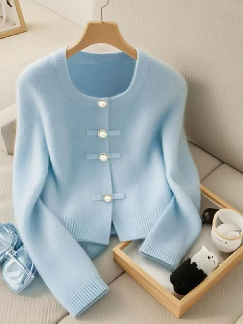 Chinese Style Blue Wool Knit Cardigan Women Retro Buckle Cashmere Knitted Sweater Lazy O-neck Knitwears Autumn Winter Korean Top