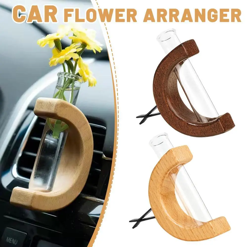 Car Vase Holder Ornaments C-shaped Car Flower Planter Test Tube Solid Wood Vent Clip Dashboard Decor Car Interior Accessories