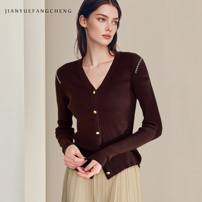 

Модный женский эластичный узкий шерстяной свитер, кардиган с длинным рукавом и v-образным вырезом, вязаный топ кофейного цвета