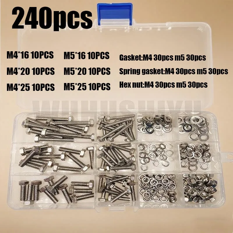 M4/M5 240/480 قطعة مجموعة متنوعة من مسامير الرأس والسداسية المصنوعة من الفولاذ المقاوم للصدأ: خيط كامل، مع غسالات. مكسرات سداسية. مناسبة لـ Va