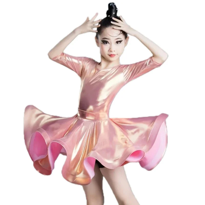 

Платье для латинских танцев для девочек, одежда для бальных танцев, детский костюм для латинских танцев с воротником, современная карнавальная одежда для джазовых танцев