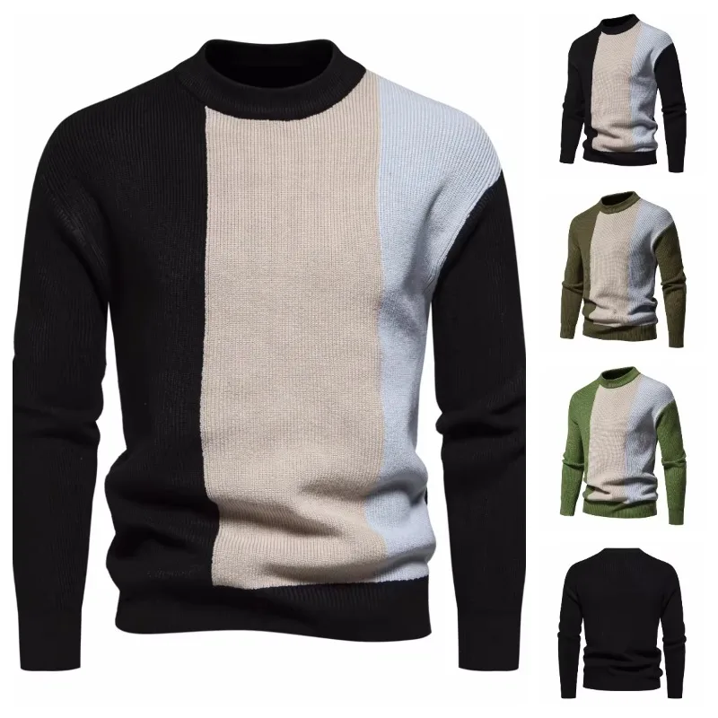 Pull à col roulé cousu bicolore pour homme, pull confortable à manches longues, nouveau