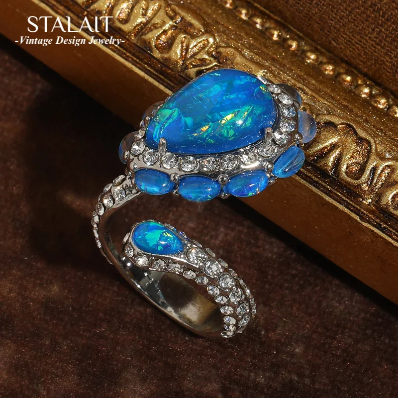 

Vintage Blue Opal Ring Water Drop Bohemia Jewelry Silver Color Cubic Zircon Rhinestone Open Accessories Luxury Quality Jewelry